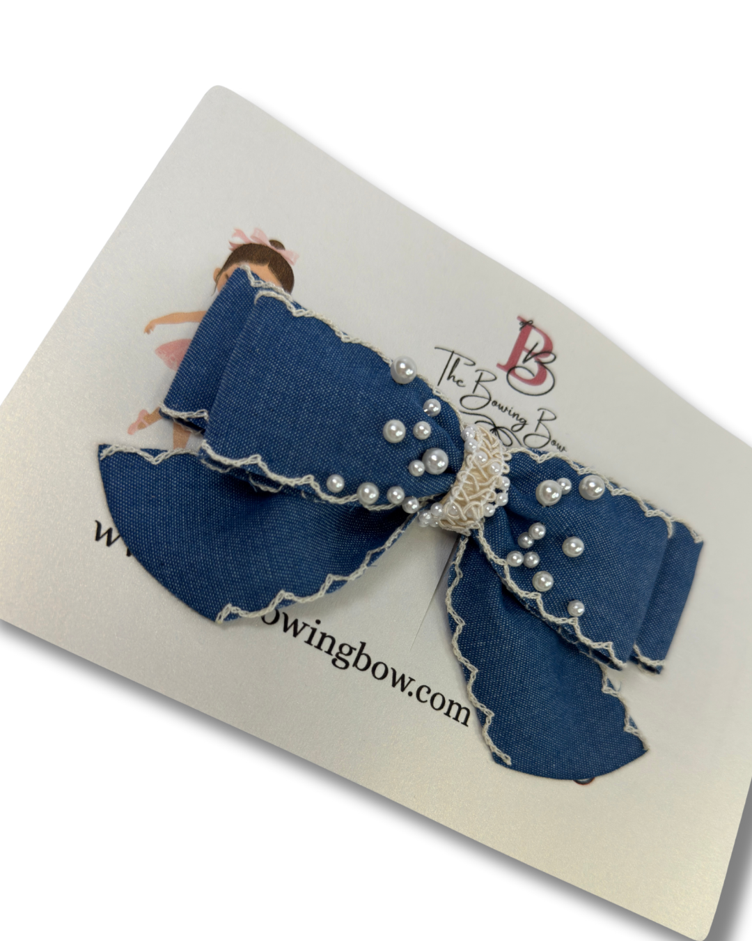 Denim Pearl Scallop Bow