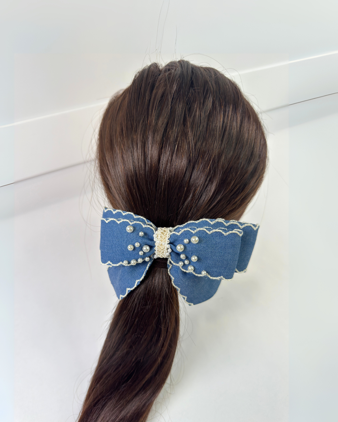 Denim Pearl Scallop Bow
