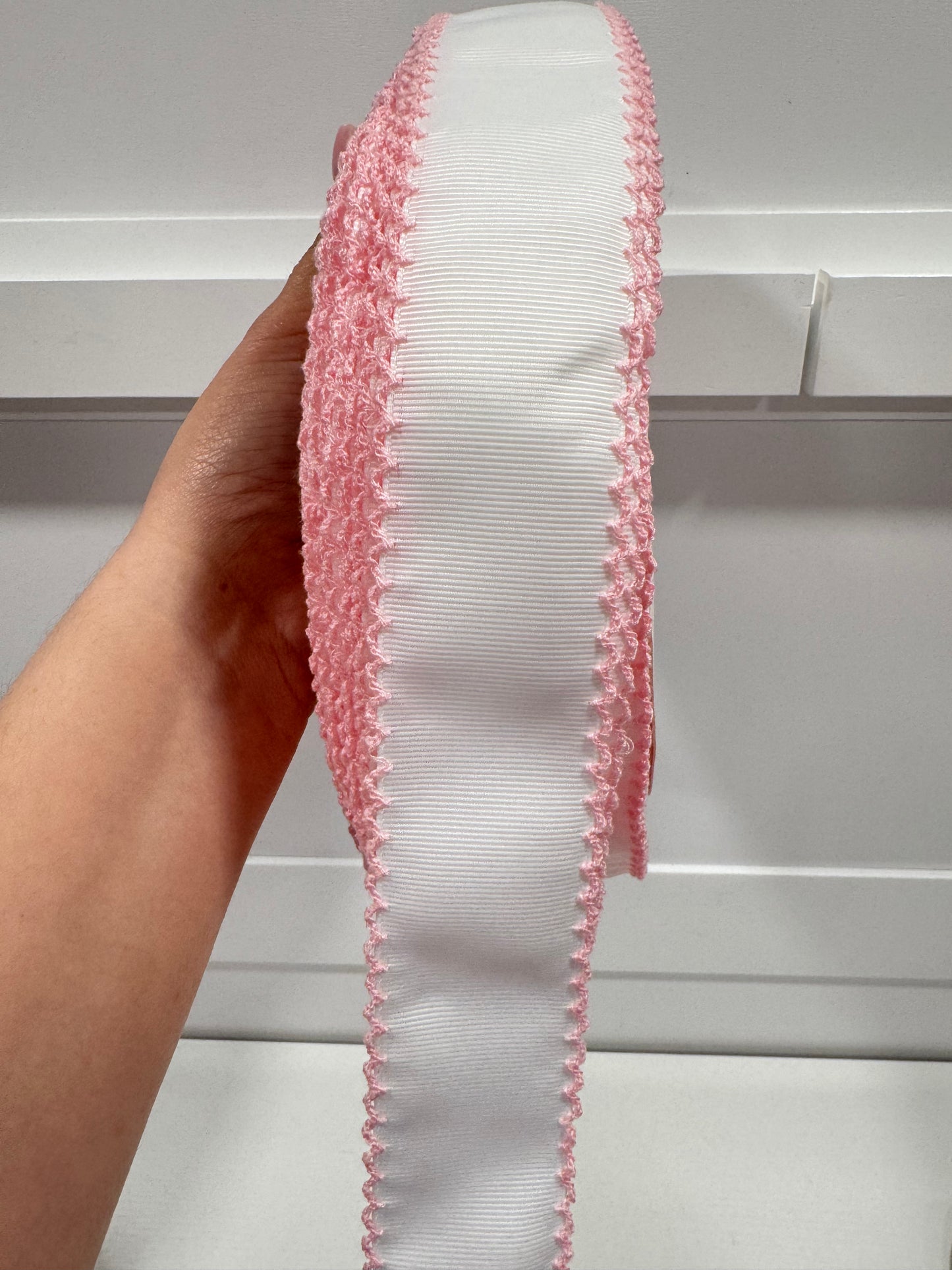 Moonstitch ribbon 1.5 IN. White with Powder Pink #117