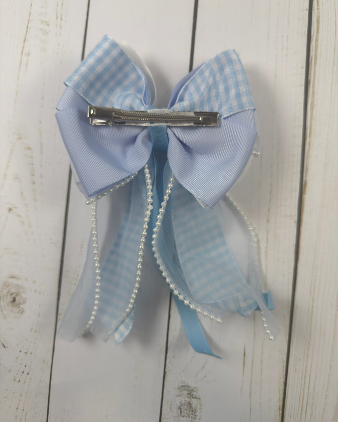 Iridescent Blue Gingham Pearl Bow