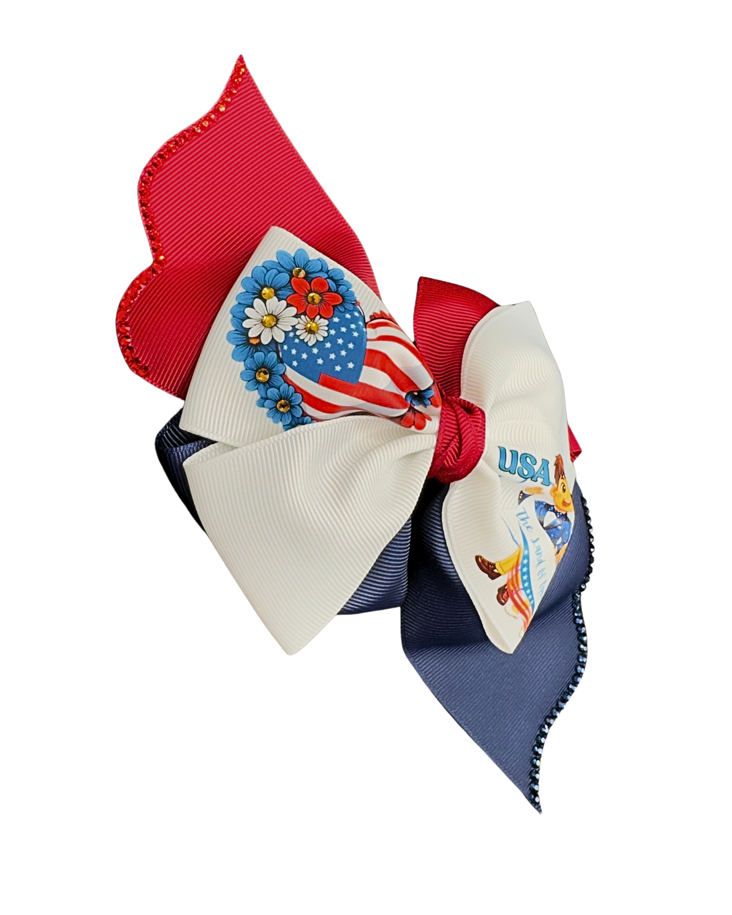 USA American Flag Hair Bow - Patriotic Red White Blue Bow “The Land of Opportunity” with Glitter Trim.