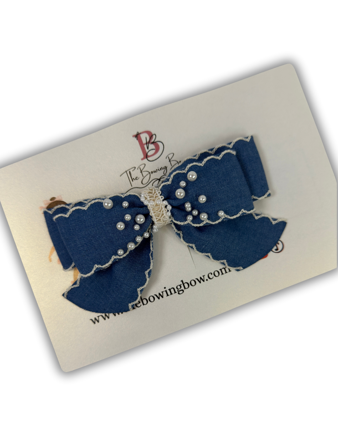 Denim Pearl Scallop Bow