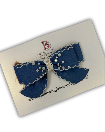Denim Pearl Scallop Bow