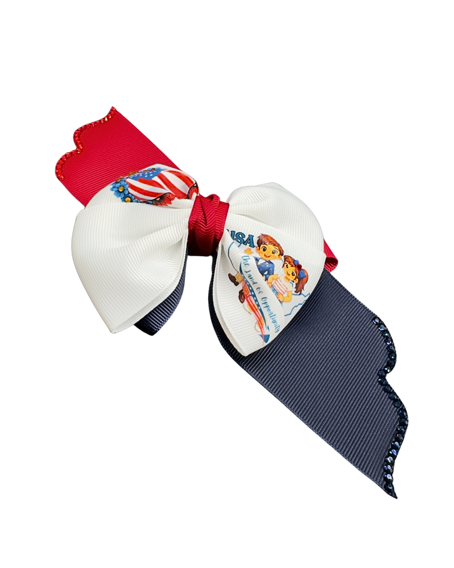 USA American Flag Hair Bow - Patriotic Red White Blue Bow “The Land of Opportunity” with Glitter Trim.