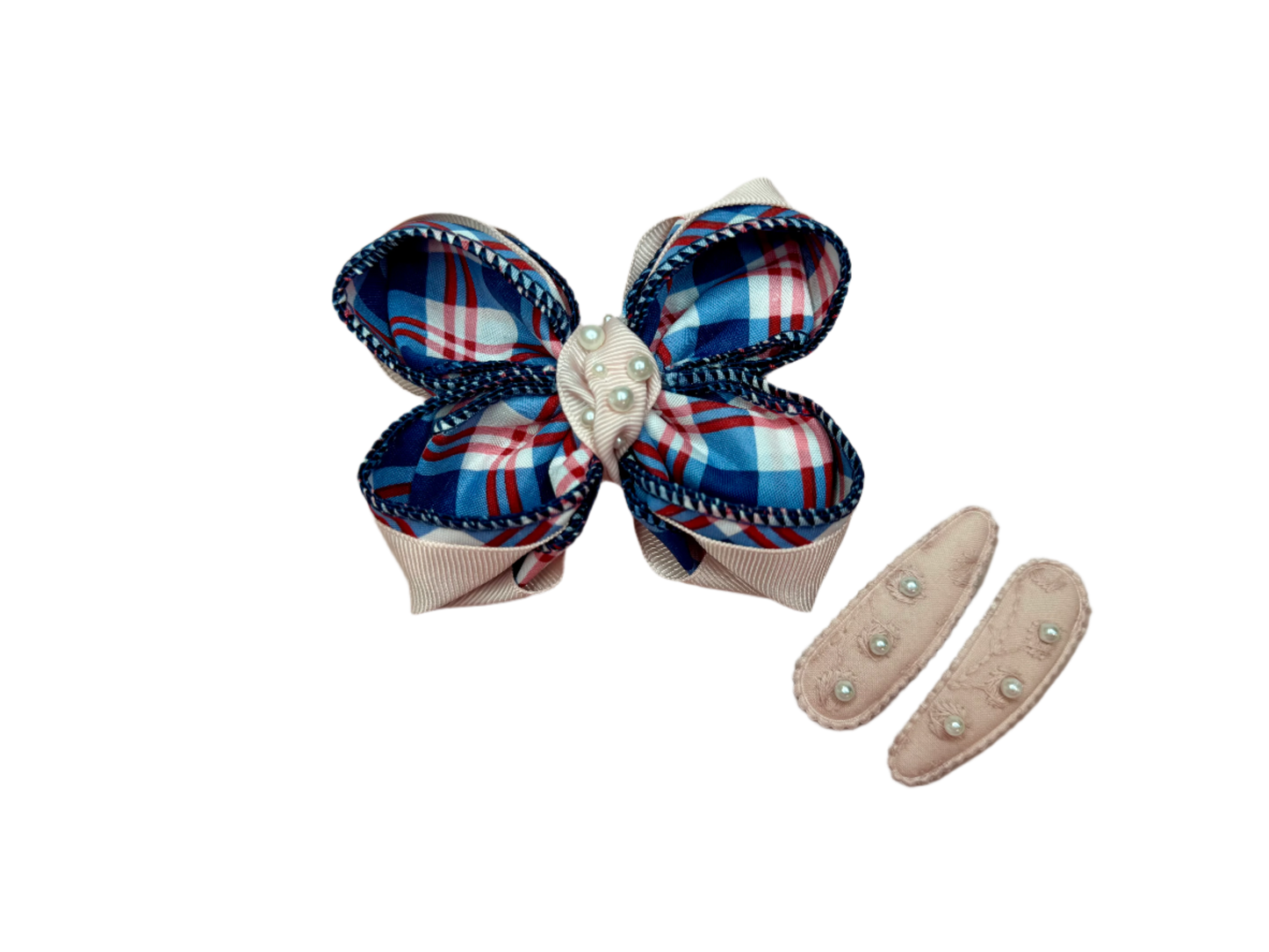 Plaid Pearl Hair Bow Set