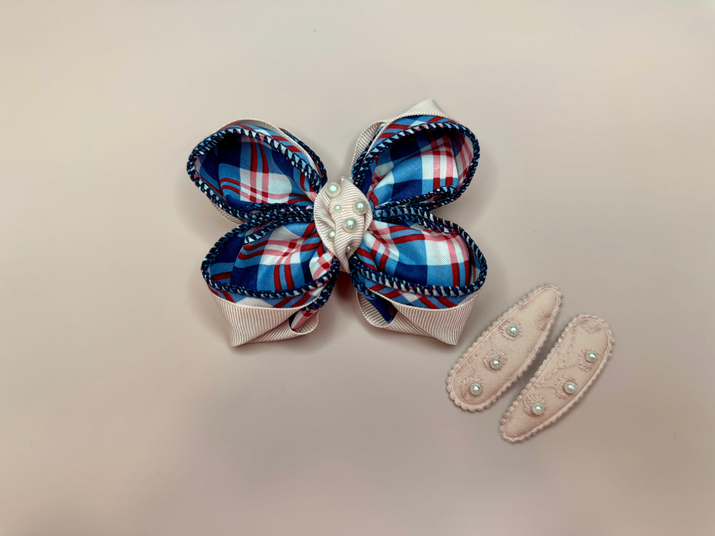 Plaid Pearl Hair Bow Set