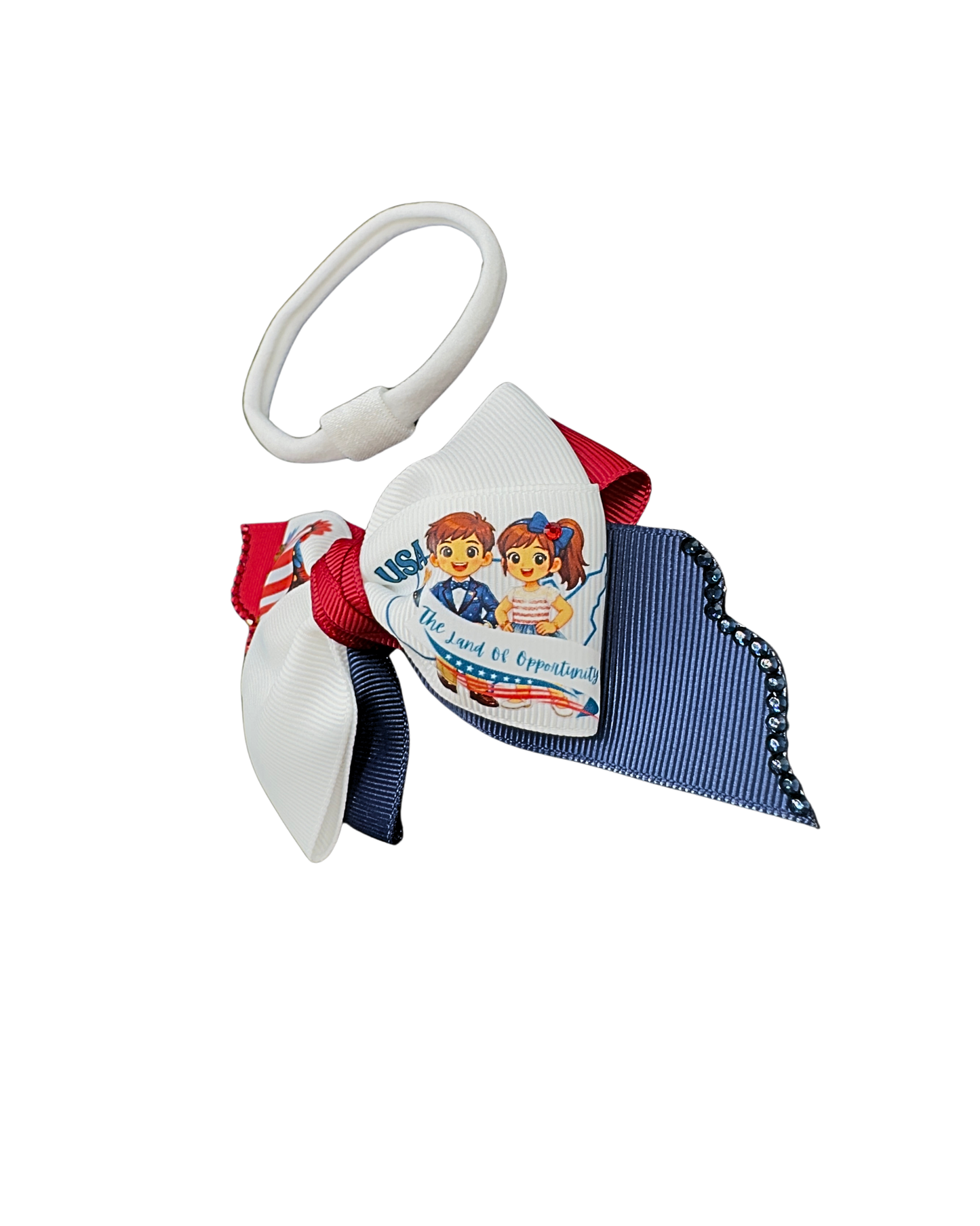 USA American Flag Hair Bow - Patriotic Red White Blue Bow “The Land of Opportunity” with Glitter Trim.