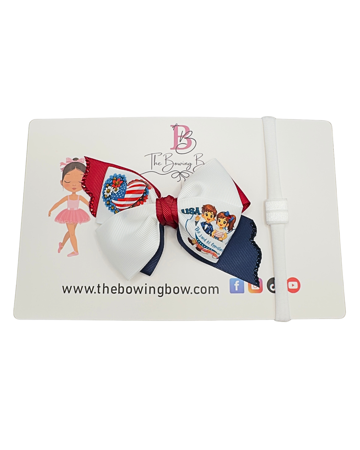 USA American Flag Hair Bow - Patriotic Red White Blue Bow “The Land of Opportunity” with Glitter Trim.