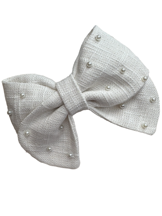 Linen White bow with pearls