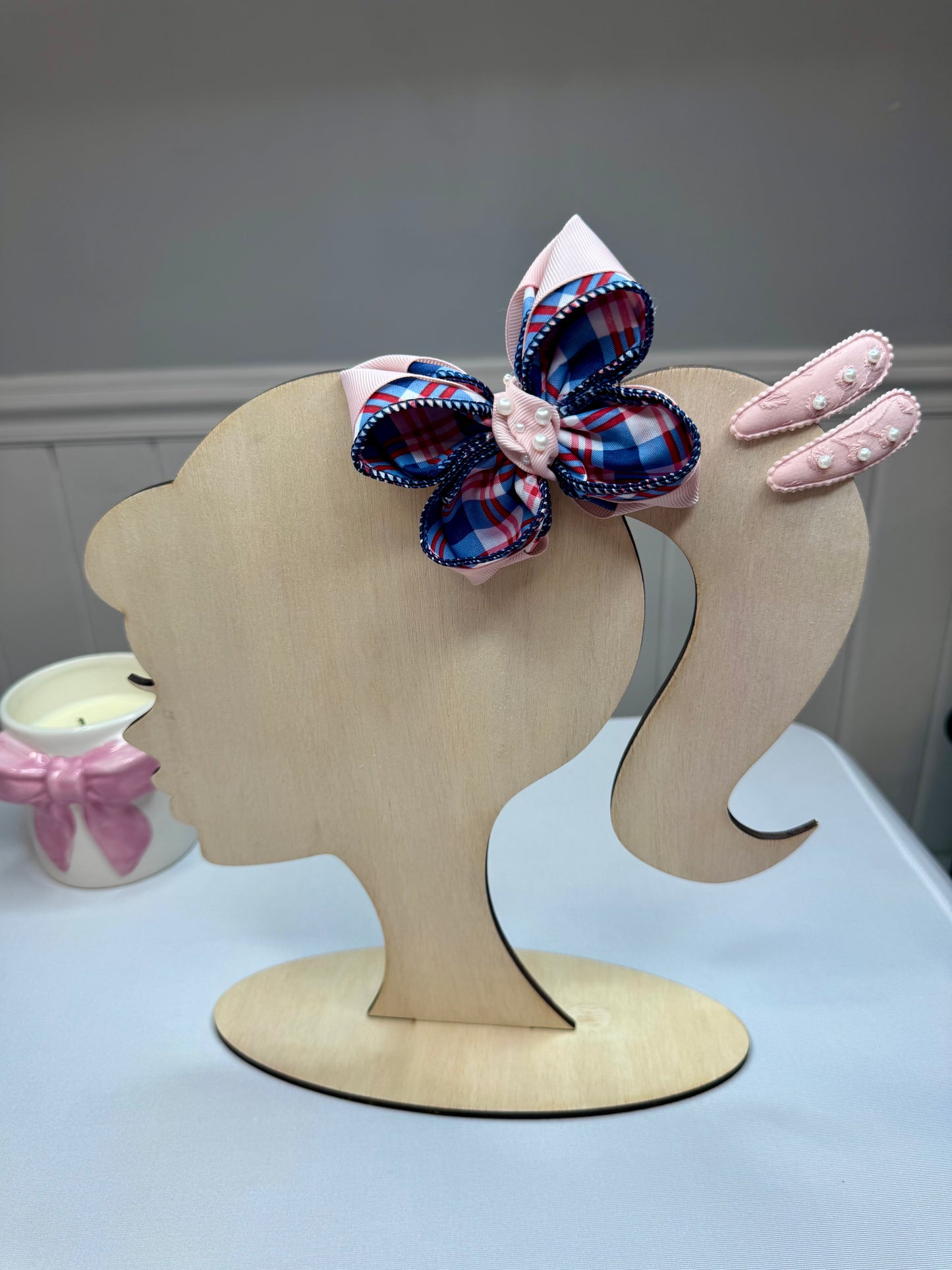 Plaid Pearl Hair Bow Set