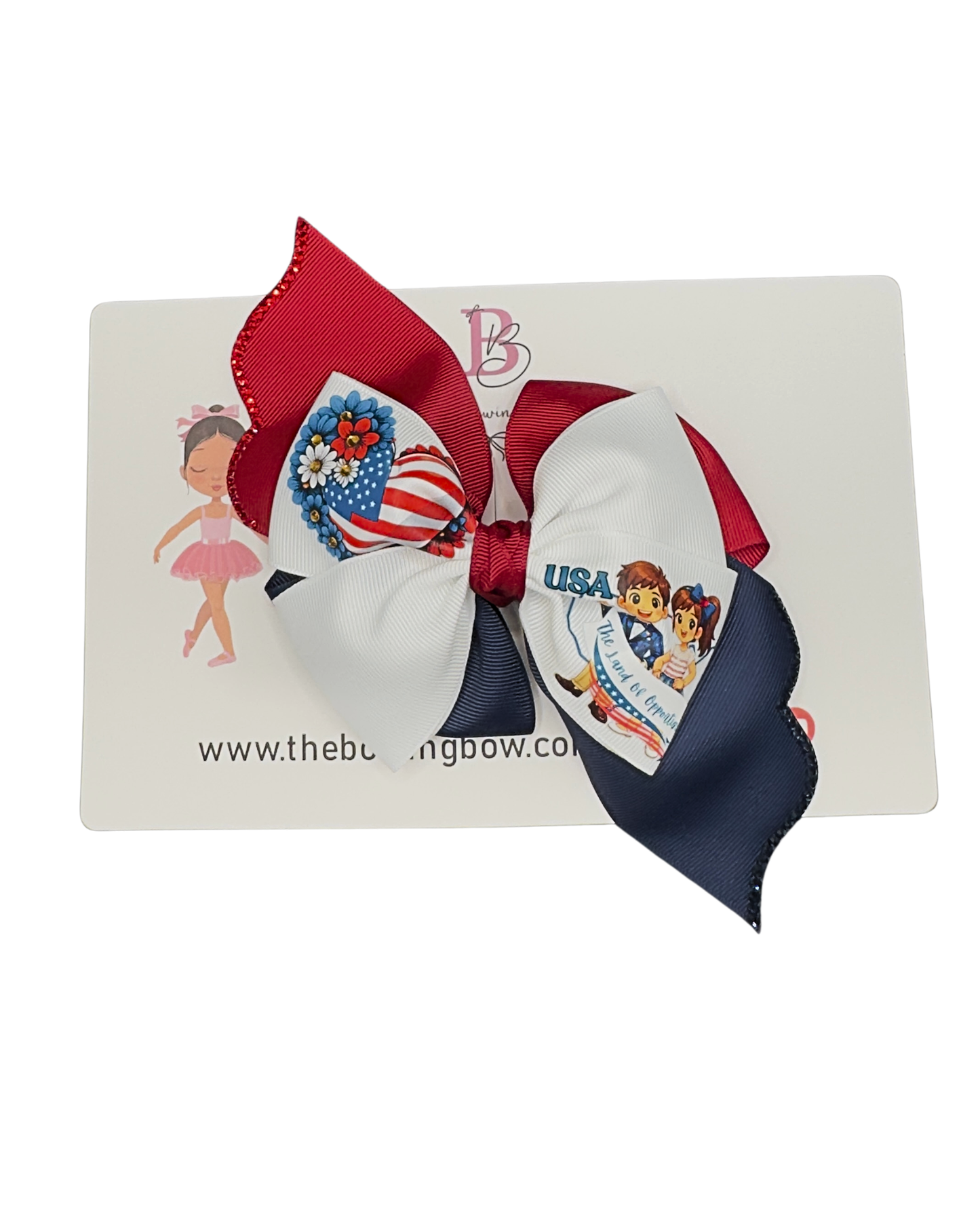 USA American Flag Hair Bow - Patriotic Red White Blue Bow “The Land of Opportunity” with Glitter Trim.