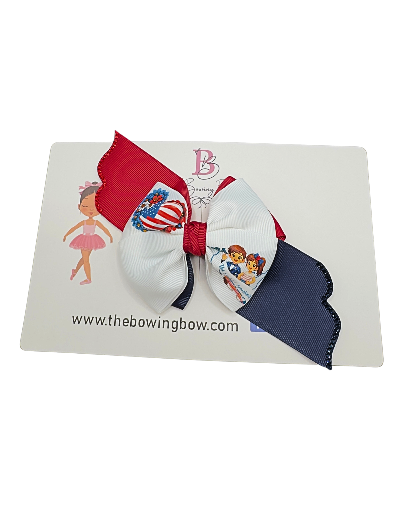 USA American Flag Hair Bow - Patriotic Red White Blue Bow “The Land of Opportunity” with Glitter Trim.