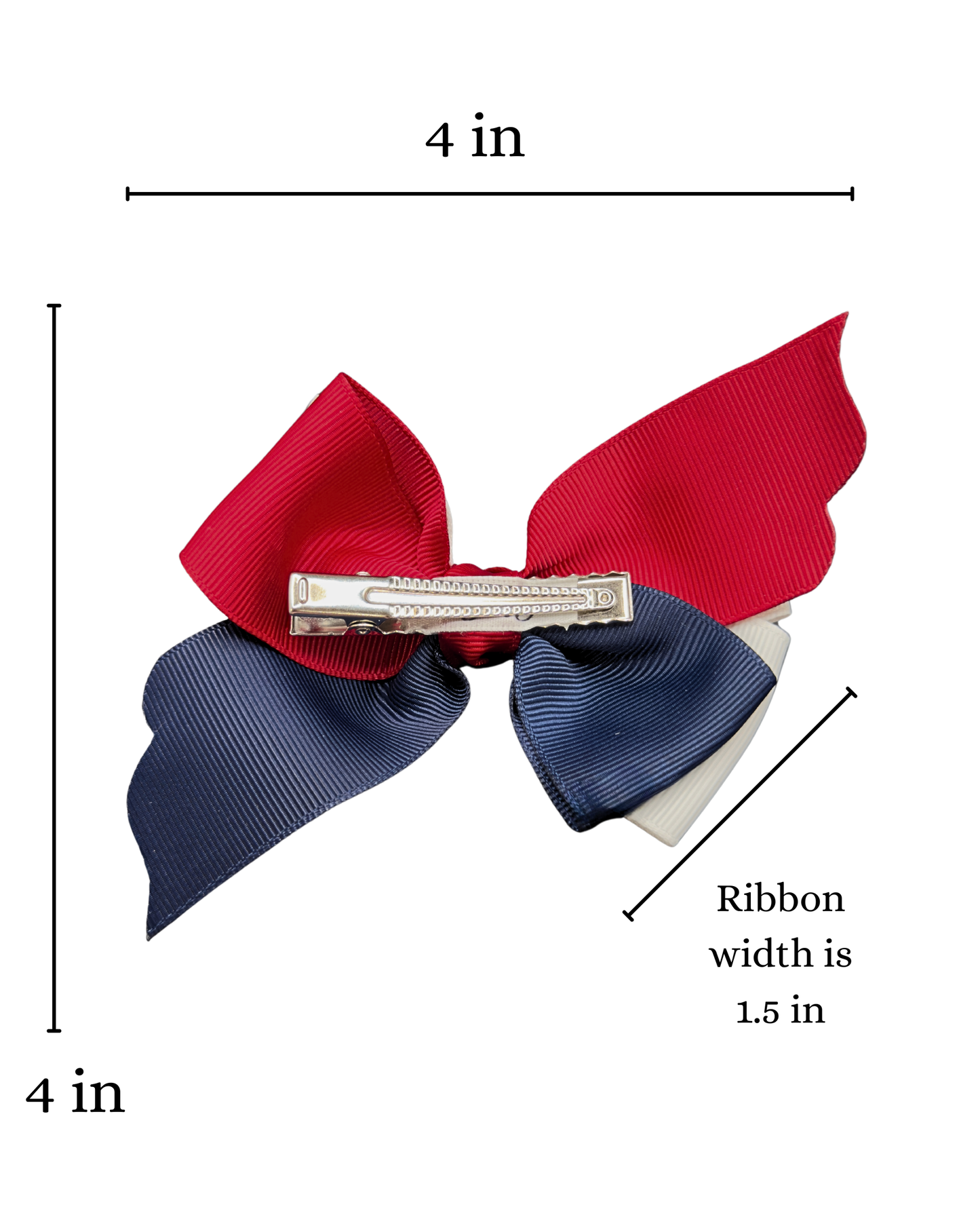USA American Flag Hair Bow - Patriotic Red White Blue Bow “The Land of Opportunity” with Glitter Trim.