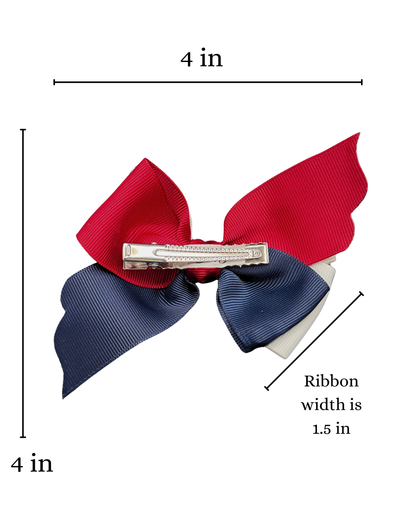 USA American Flag Hair Bow - Patriotic Red White Blue Bow “The Land of Opportunity” with Glitter Trim.