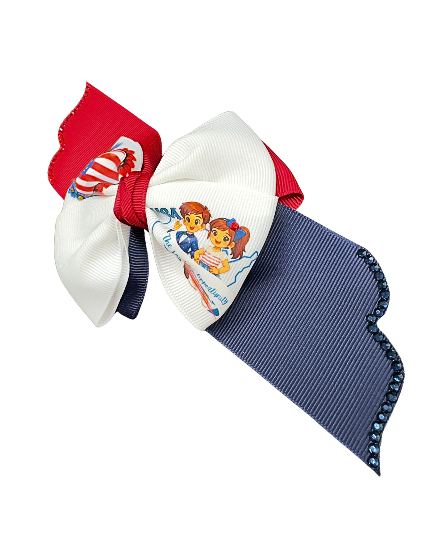 USA American Flag Hair Bow - Patriotic Red White Blue Bow “The Land of Opportunity” with Glitter Trim.