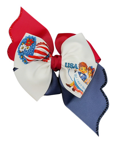USA American Flag Hair Bow - Patriotic Red White Blue Bow “The Land of Opportunity” with Glitter Trim.