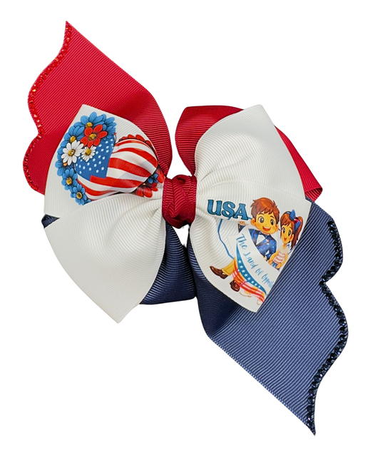 USA American Flag Hair Bow - Patriotic Red White Blue Bow “The Land of Opportunity” with Glitter Trim.