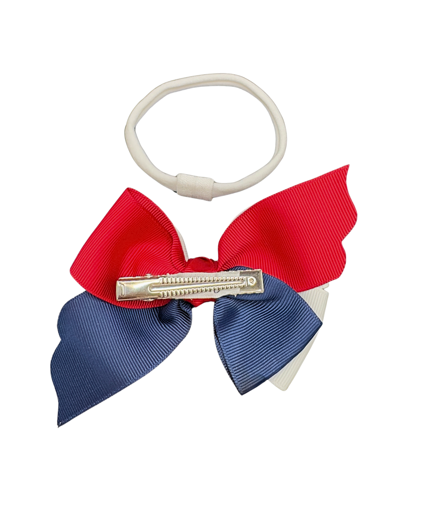 USA American Flag Hair Bow - Patriotic Red White Blue Bow “The Land of Opportunity” with Glitter Trim.