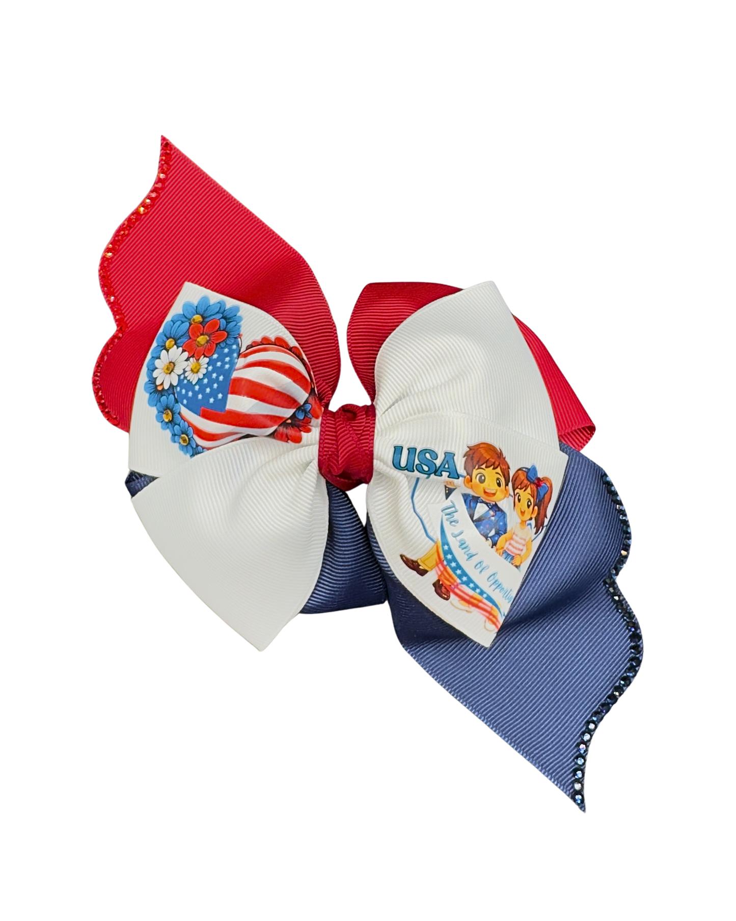 USA American Flag Hair Bow - Patriotic Red White Blue Bow “The Land of Opportunity” with Glitter Trim.