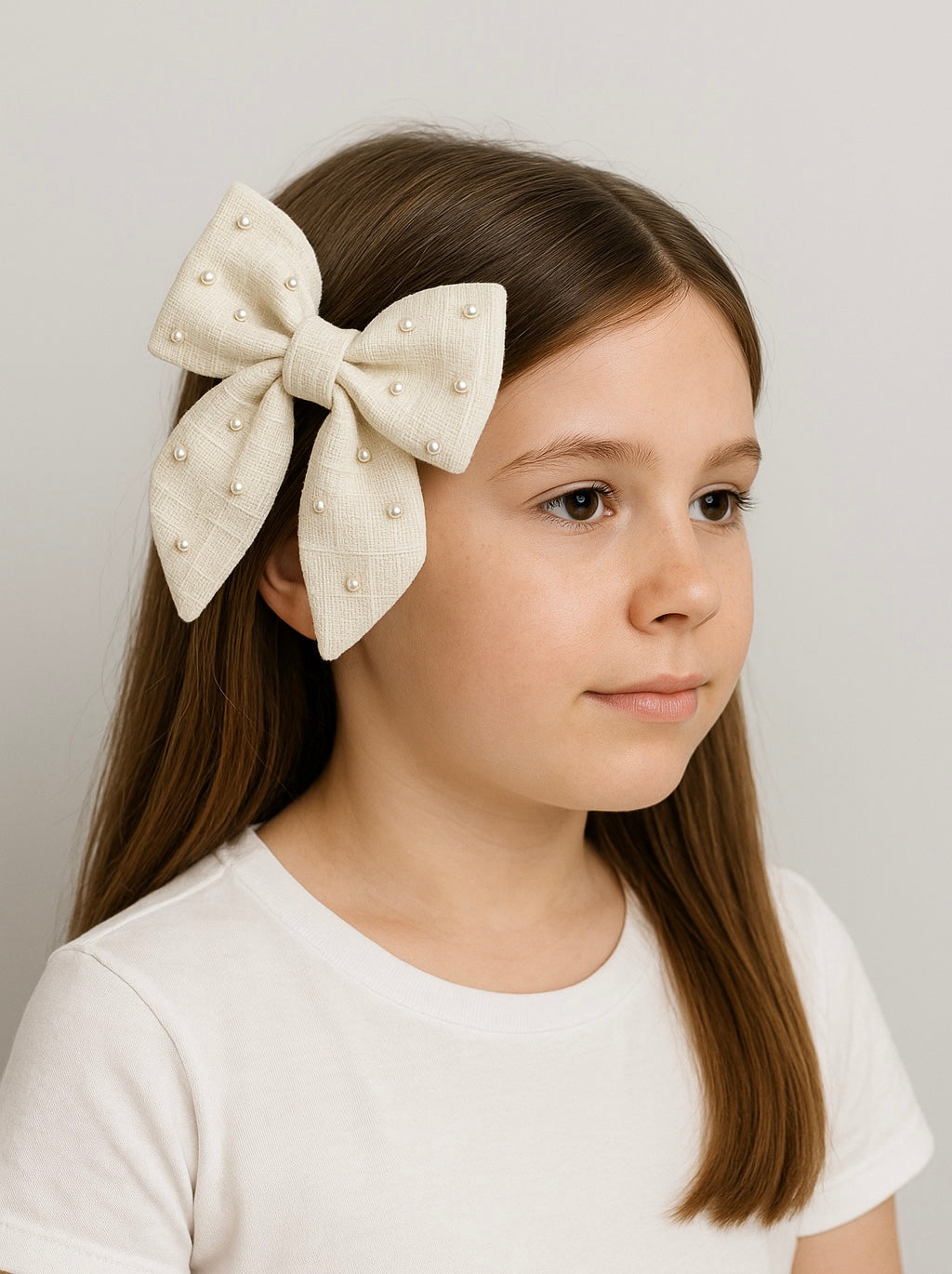 Linen Pearl Hair Bow (Large)
