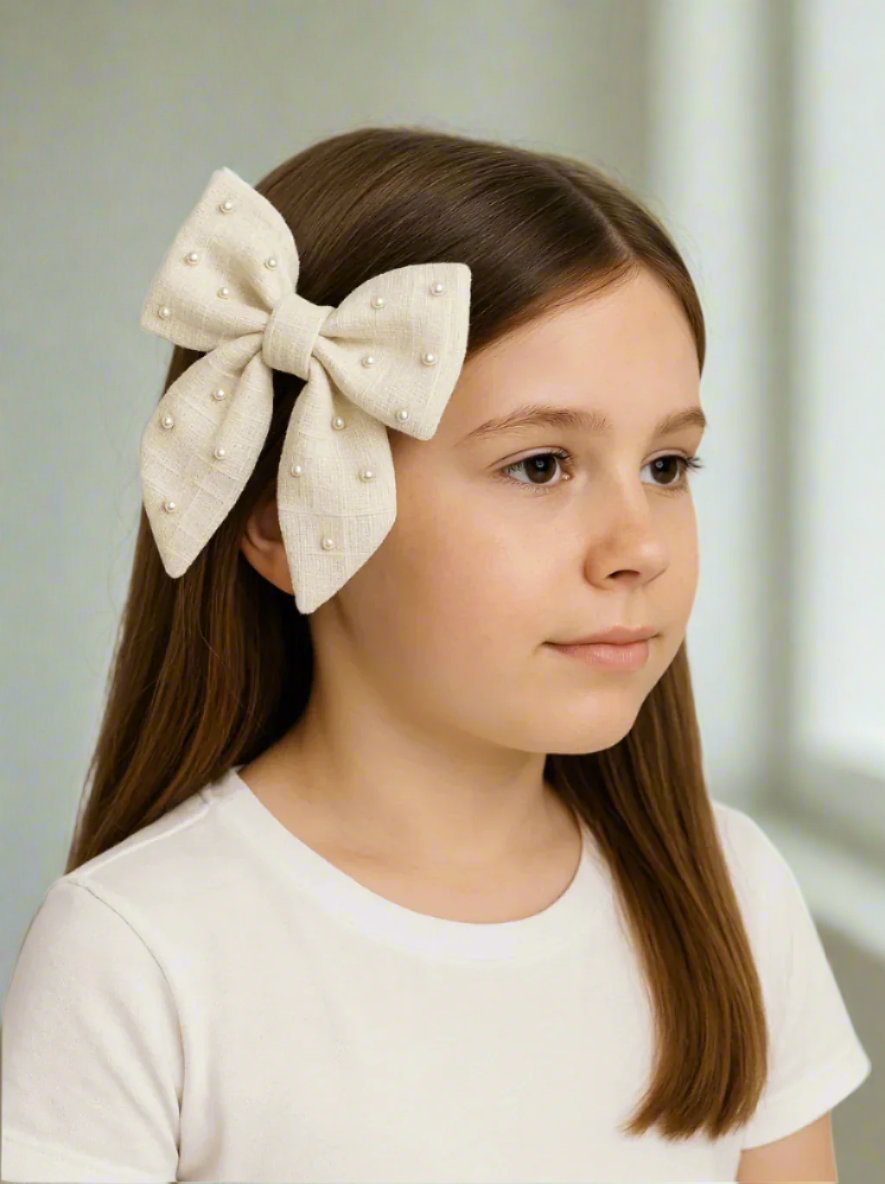Linen Pearl Hair Bow (Large)