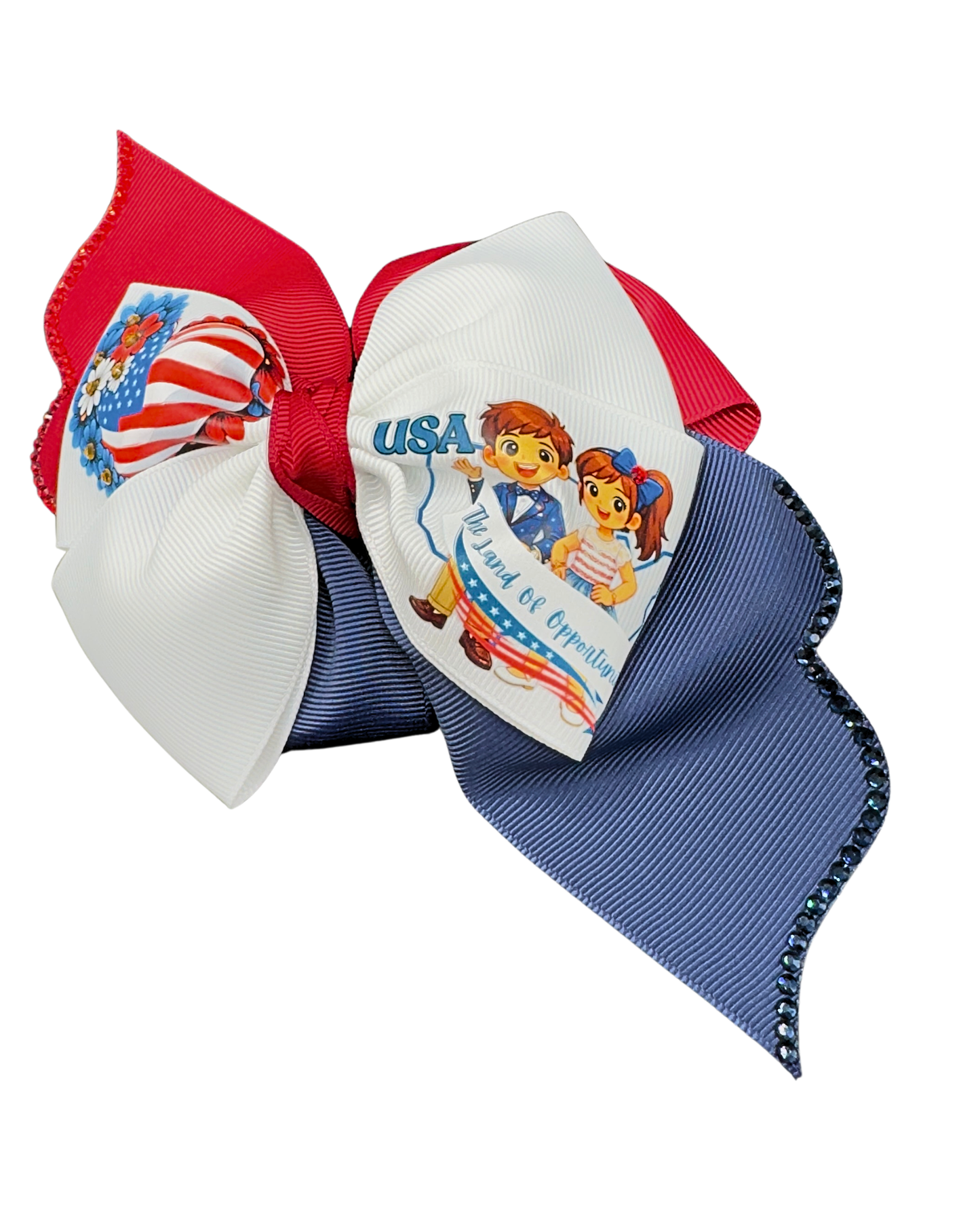 USA American Flag Hair Bow - Patriotic Red White Blue Bow “The Land of Opportunity” with Glitter Trim.