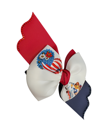 USA American Flag Hair Bow - Patriotic Red White Blue Bow “The Land of Opportunity” with Glitter Trim.