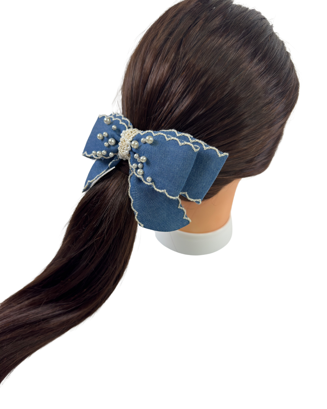 Denim Pearl Scallop Bow