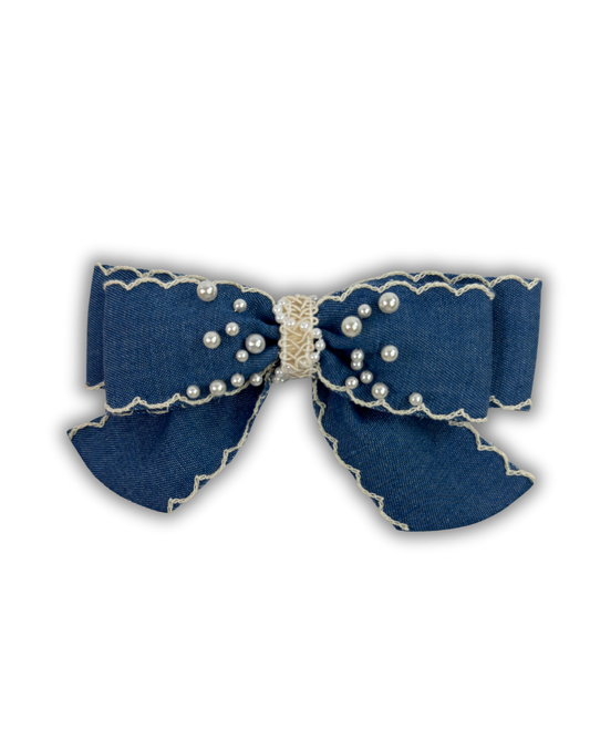Denim Pearl Scallop Bow