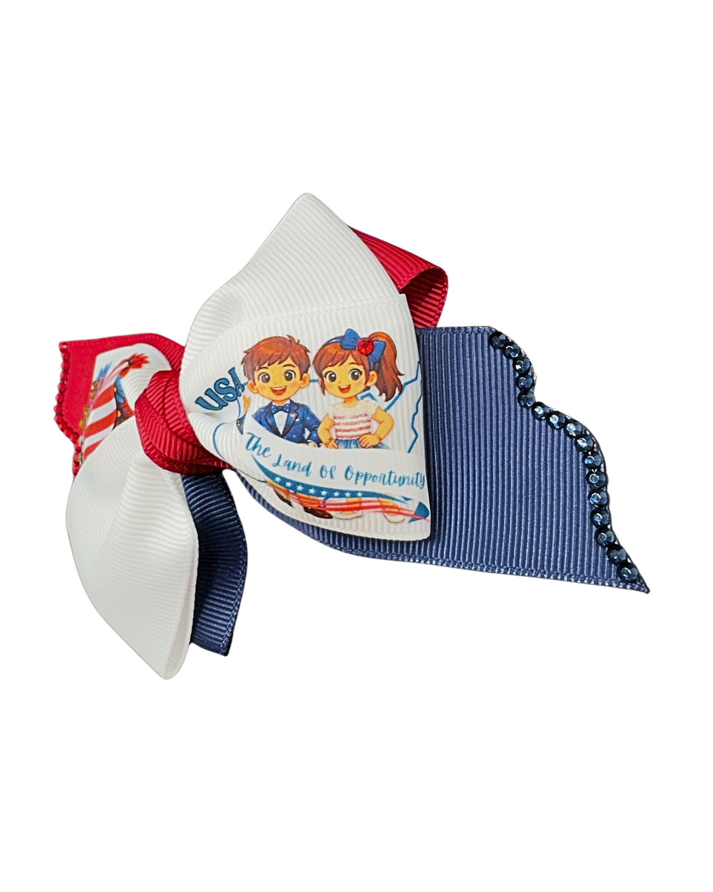 USA American Flag Hair Bow - Patriotic Red White Blue Bow “The Land of Opportunity” with Glitter Trim.