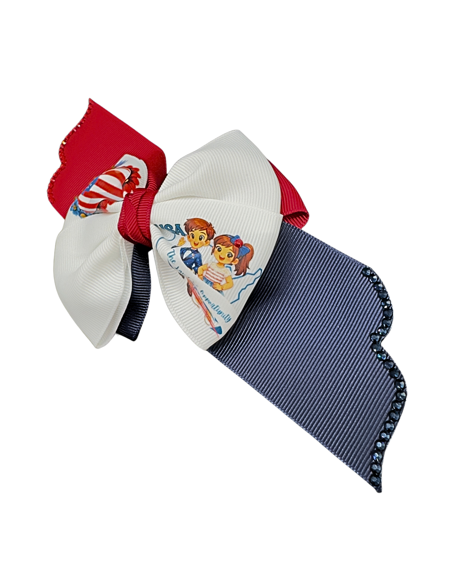 USA American Flag Hair Bow - Patriotic Red White Blue Bow “The Land of Opportunity” with Glitter Trim.