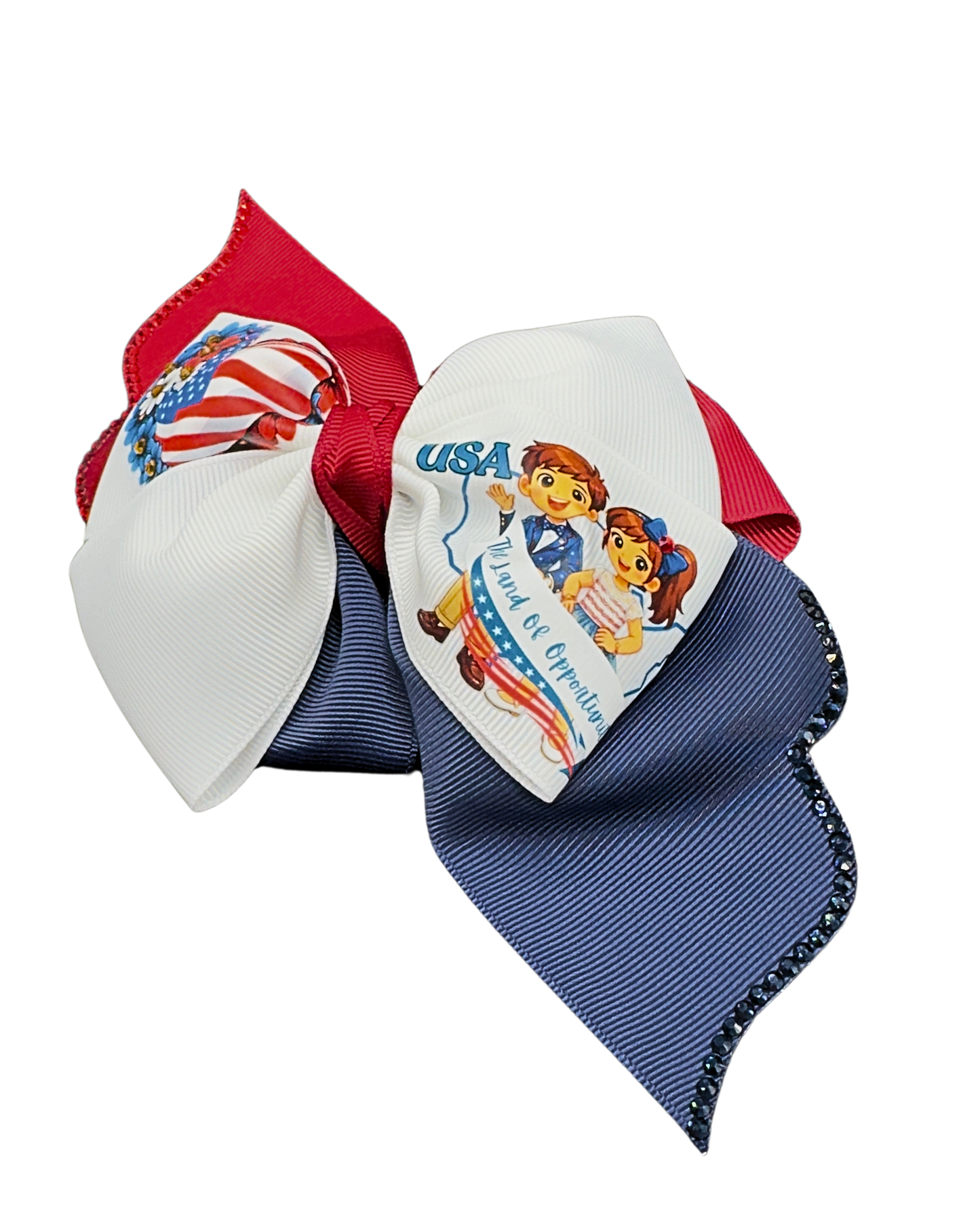 USA American Flag Hair Bow - Patriotic Red White Blue Bow “The Land of Opportunity” with Glitter Trim.