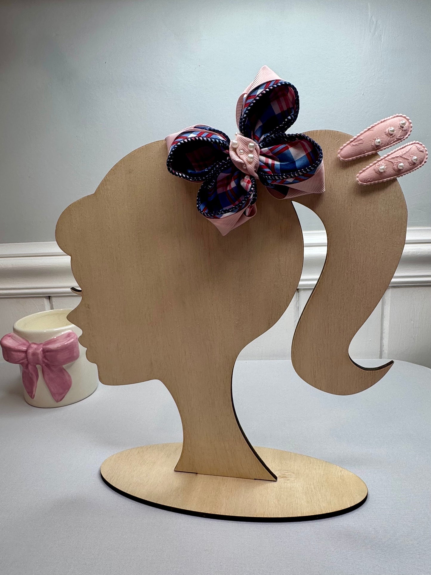 Plaid Pearl Hair Bow Set