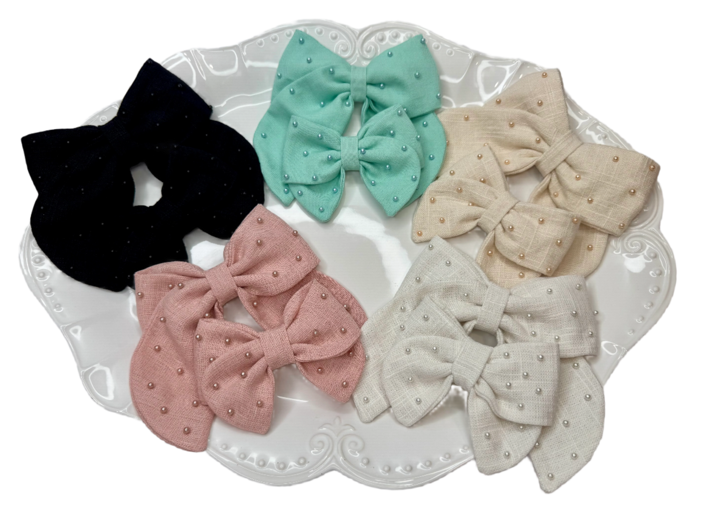 Linen Pearl Hair Bow (Small)