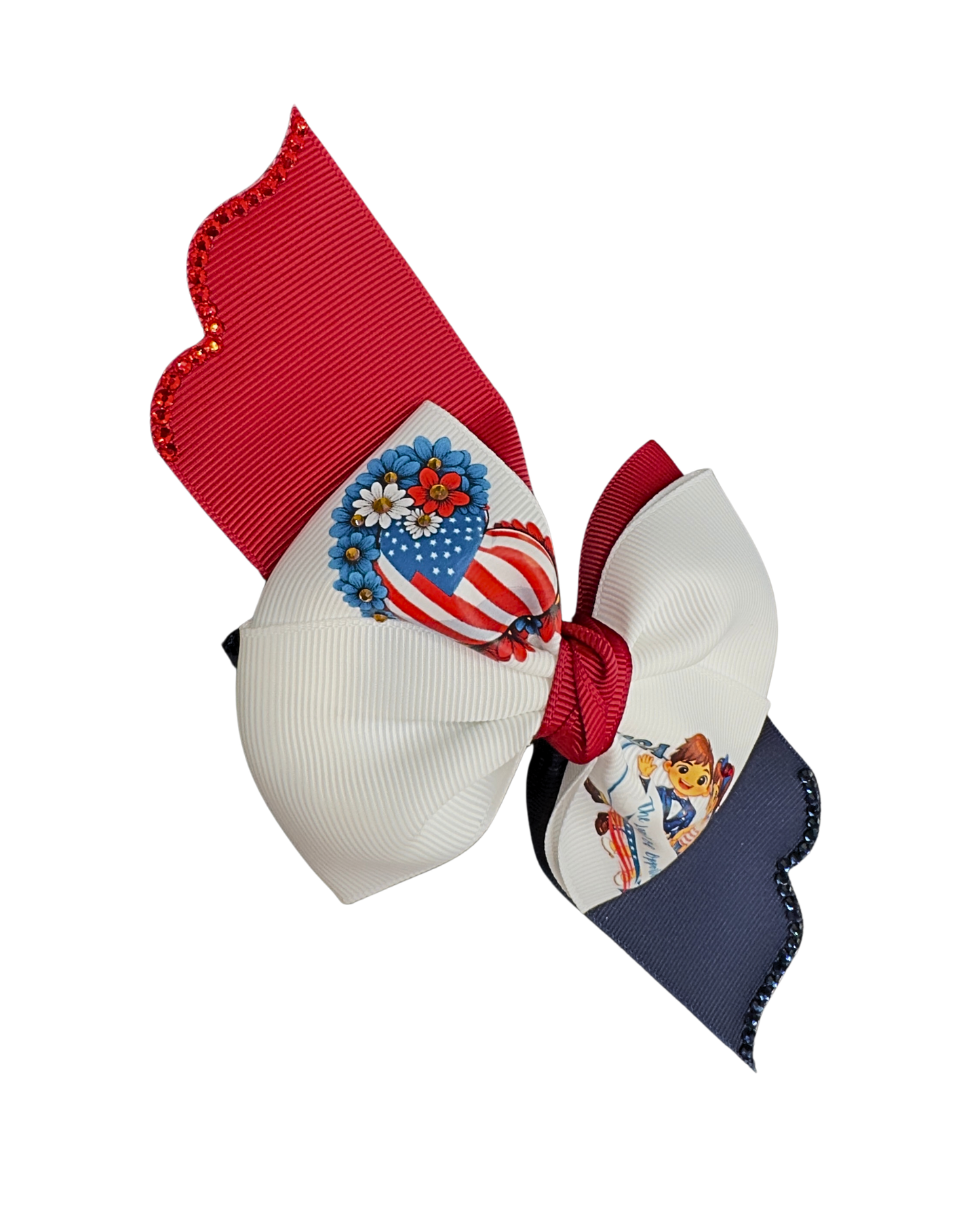 USA American Flag Hair Bow - Patriotic Red White Blue Bow “The Land of Opportunity” with Glitter Trim.