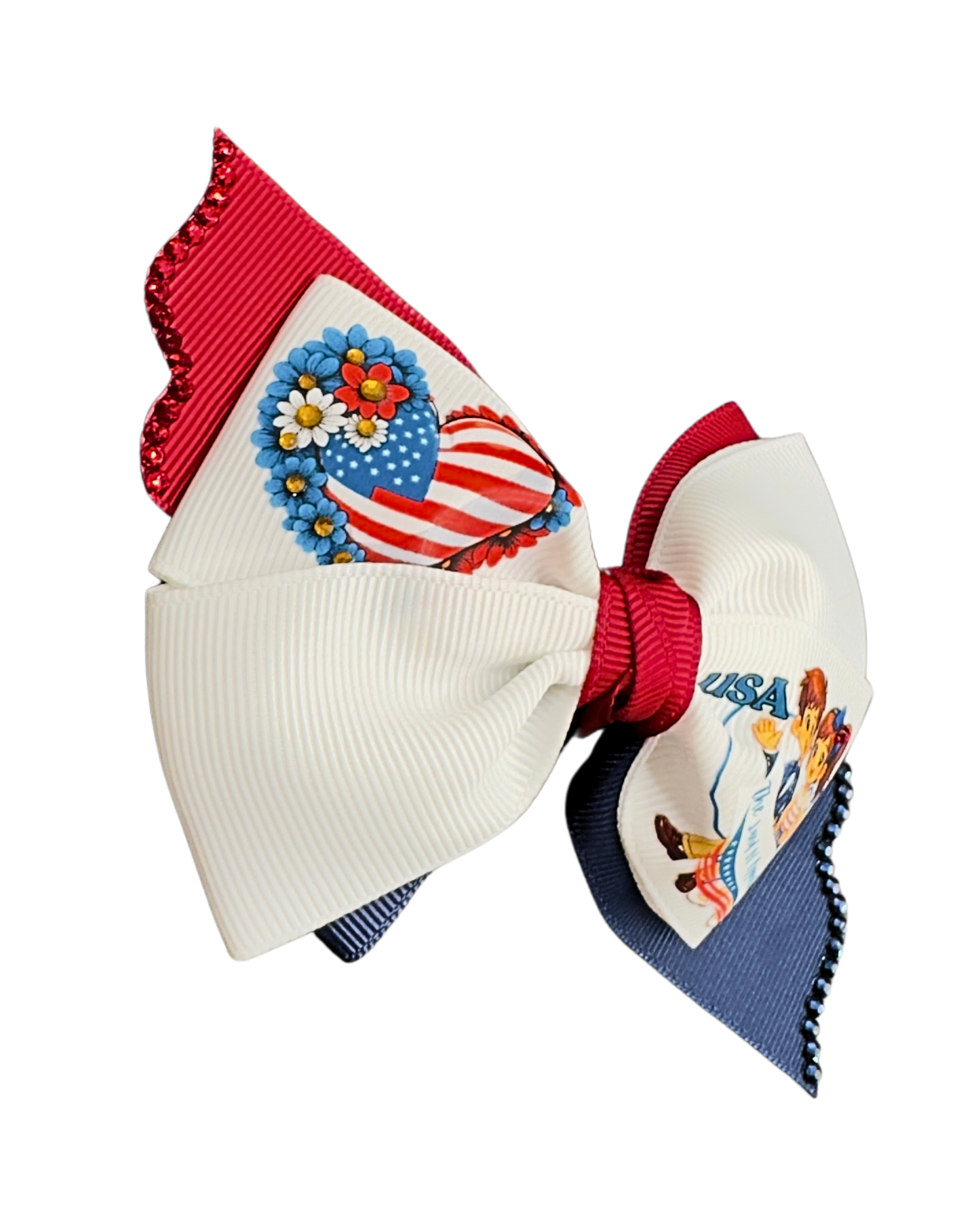USA American Flag Hair Bow - Patriotic Red White Blue Bow “The Land of Opportunity” with Glitter Trim.