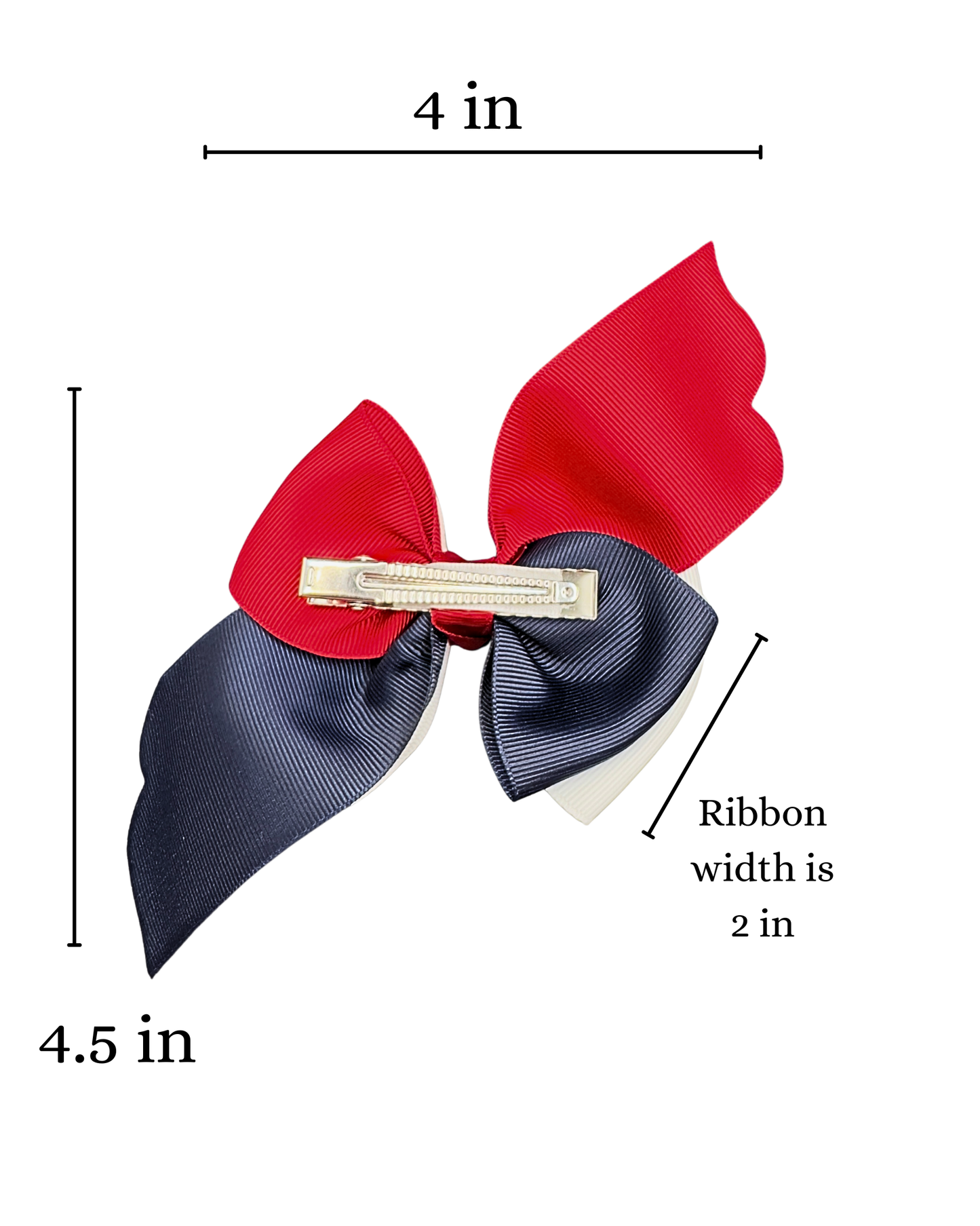 USA American Flag Hair Bow - Patriotic Red White Blue Bow “The Land of Opportunity” with Glitter Trim.