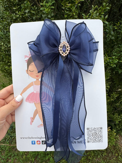 Vintage Style Navy Blue Sheer Hair Bow