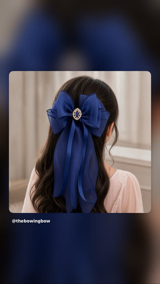Vintage Style Navy Blue Sheer Hair Bow