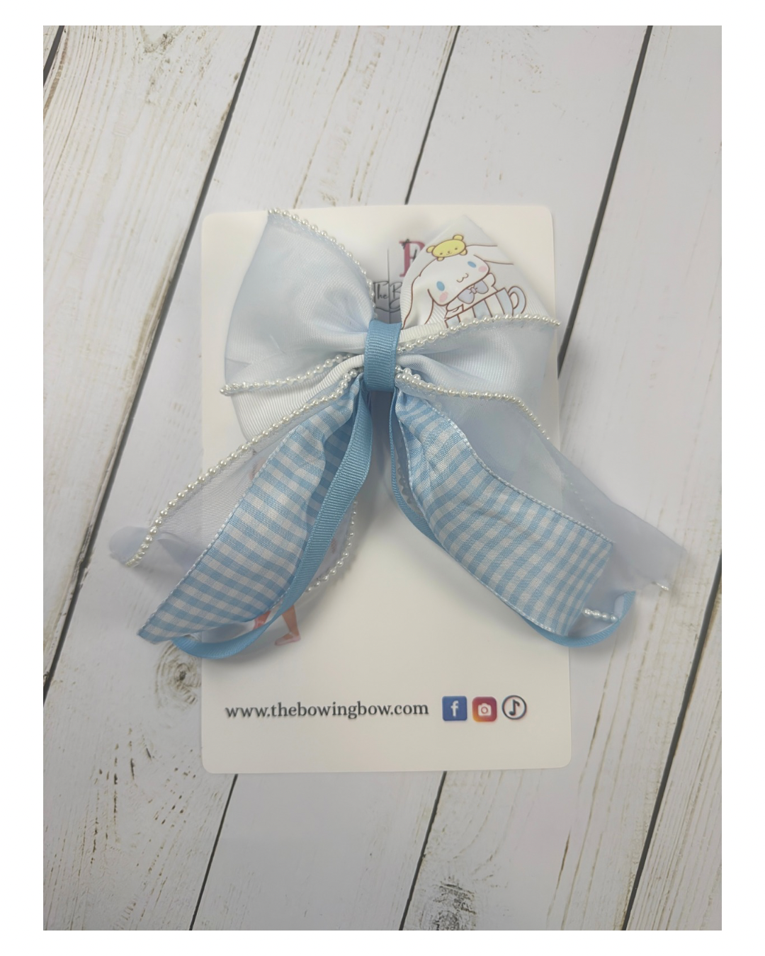 Iridescent Blue Gingham Pearl Bow