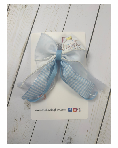 Iridescent Blue Gingham Pearl Bow