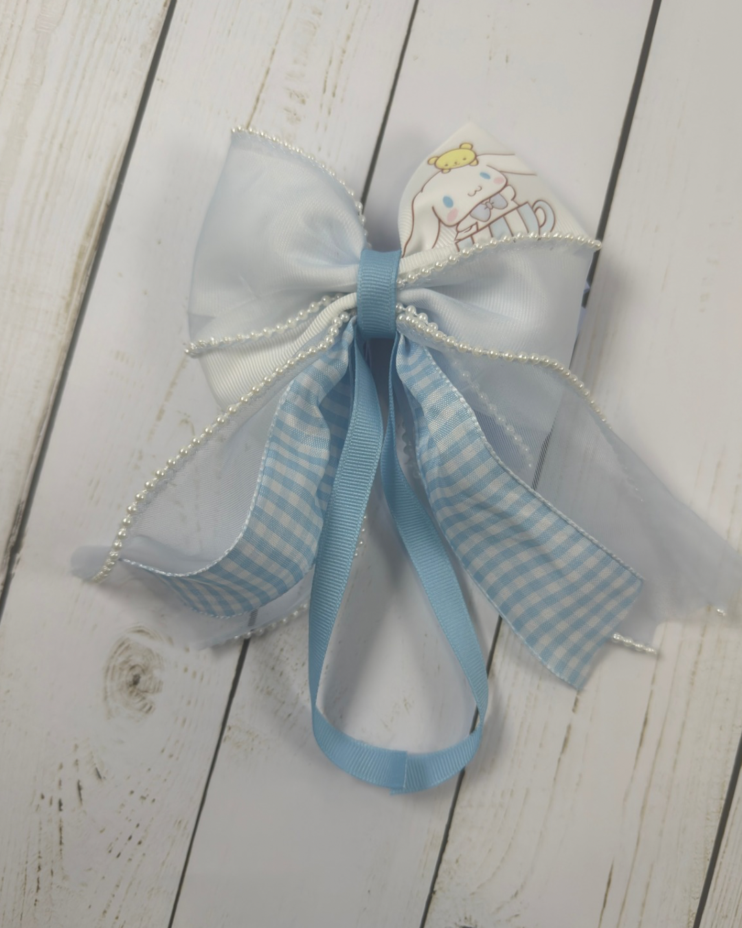 Iridescent Blue Gingham Pearl Bow