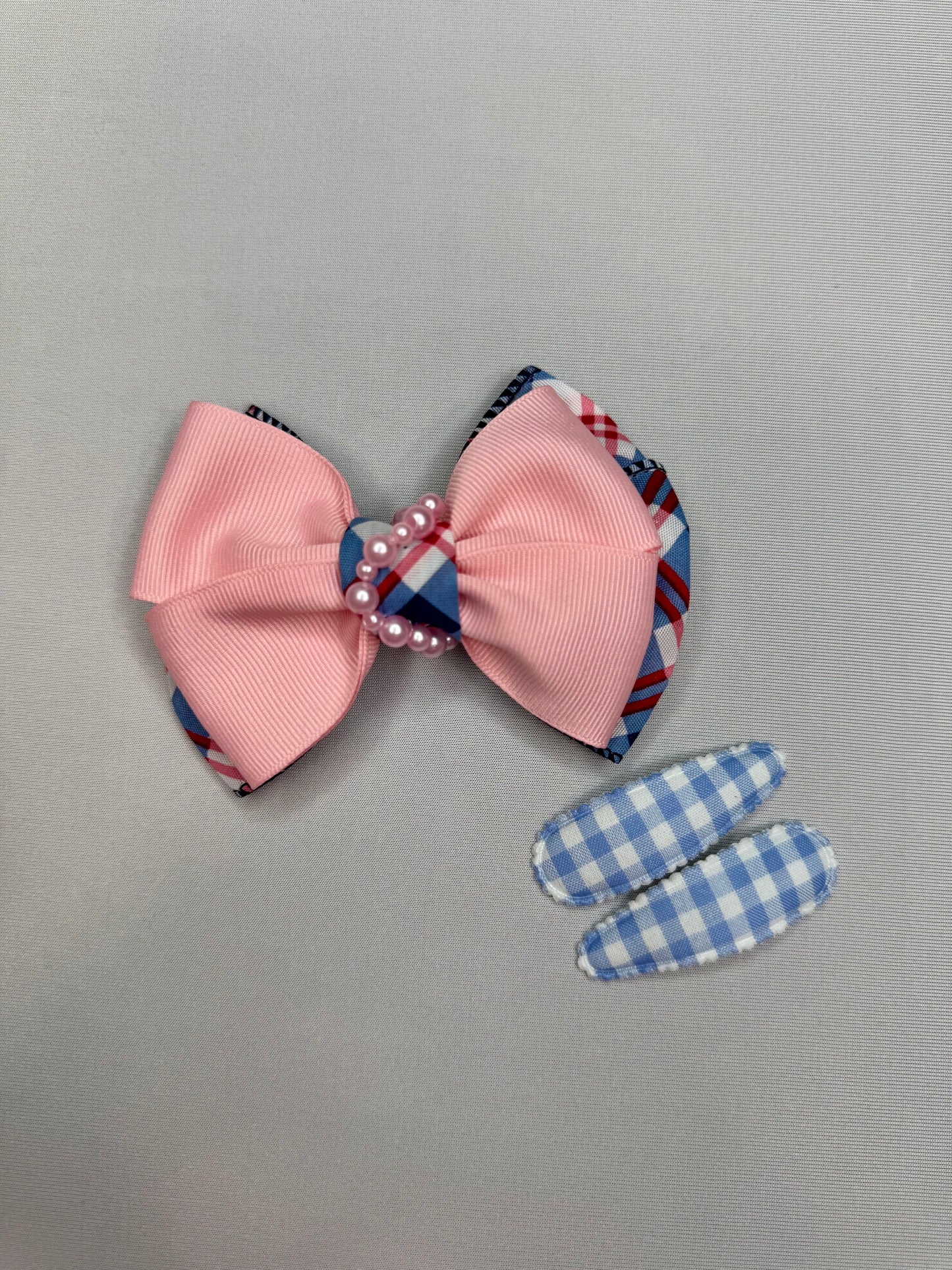 Preppy Pink Plaid Hair Bow Set