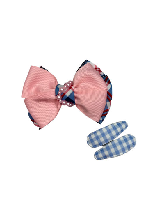 Preppy Pink Plaid Hair Bow Set