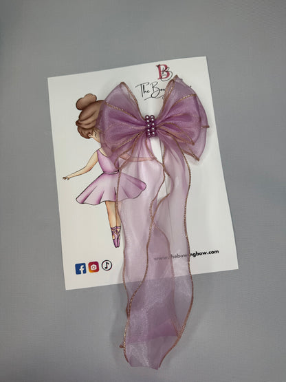 The Bowing Bow Ballet Hair Bow, Purple with Gold Trim and Pearl Details, 5.5 inches