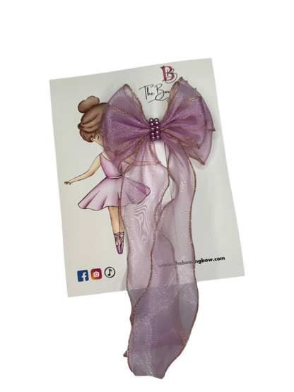 The Bowing Bow Ballet Hair Bow, Purple with Gold Trim and Pearl Details, 5.5 inches