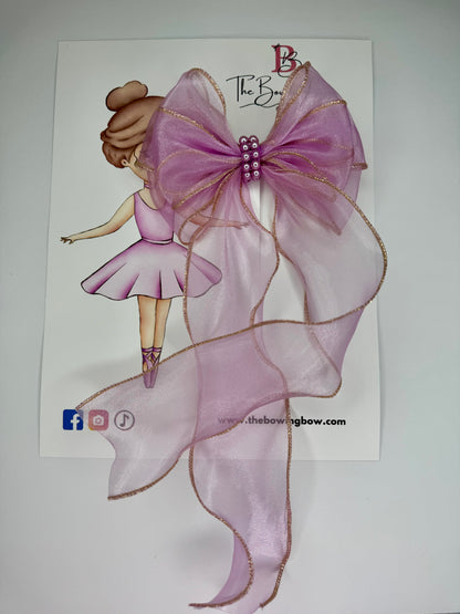 The Bowing Bow Ballet Hair Bow, Purple with Gold Trim and Pearl Details, 5.5 inches