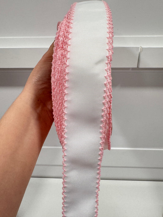 Moonstitch ribbon 1.5 IN.(READ DESCRIPTION)white with Powder Pink #117