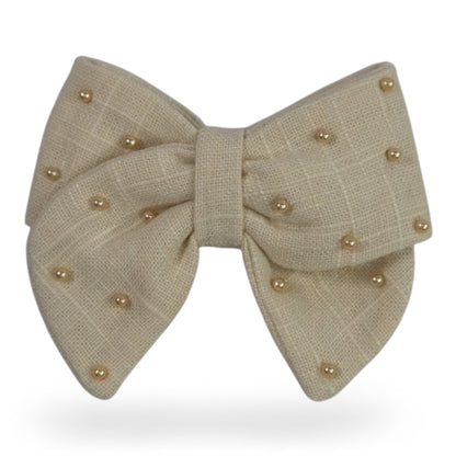 Linen Pearl Hair Bow (Small)