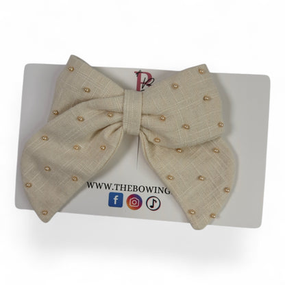 Linen Pearl Hair Bow (Large)